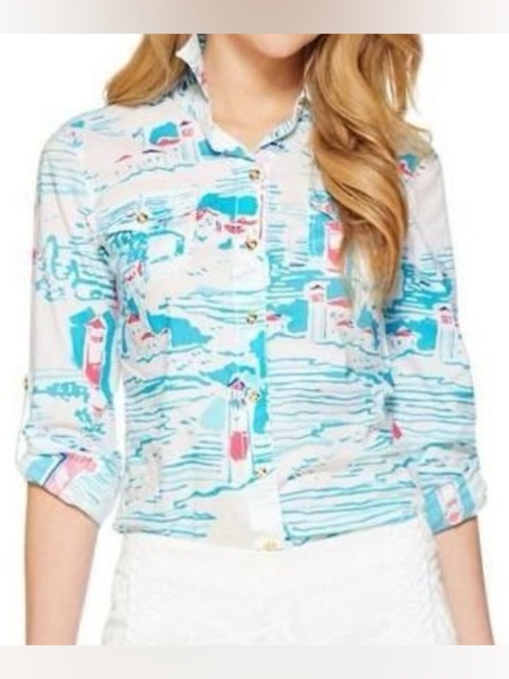 Lilly Pulitzer Coastal Print Button-Up Shirt in Teal & Pink